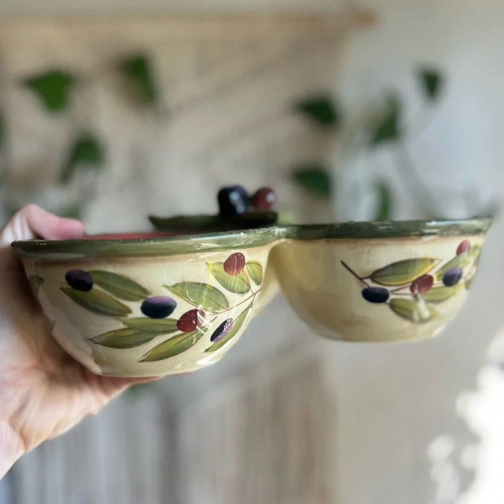 Clay Art Olive Triple Bowl Serving Dish Italian Style 3-Section Ceramic Tapas
